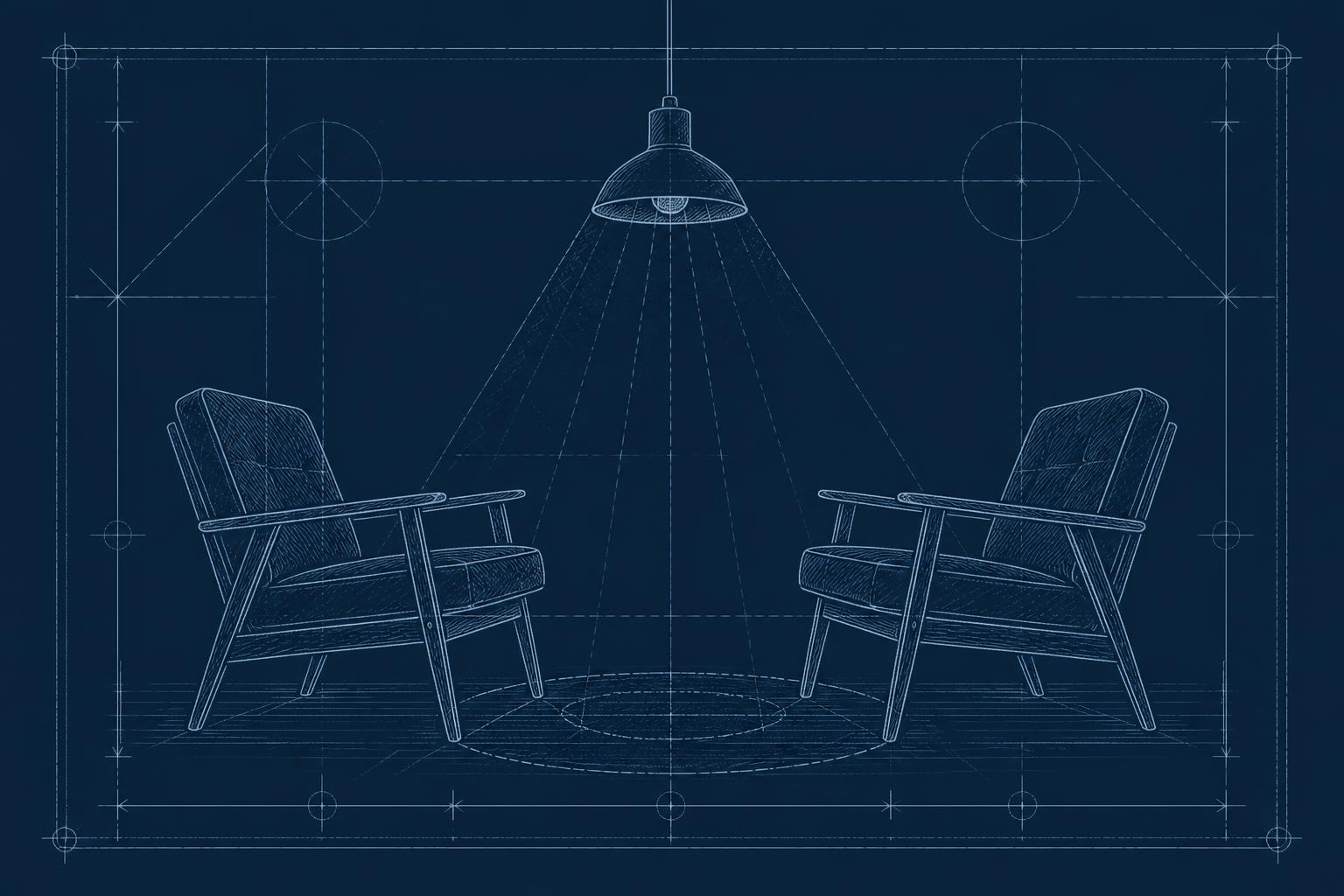 Blueprint drawing of two chairs facing each other beneath a single hanging light